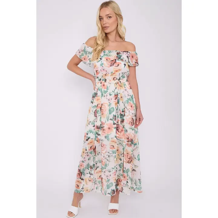 Cream Rose Floral Print Chiffon Bardot Maxi Dress
