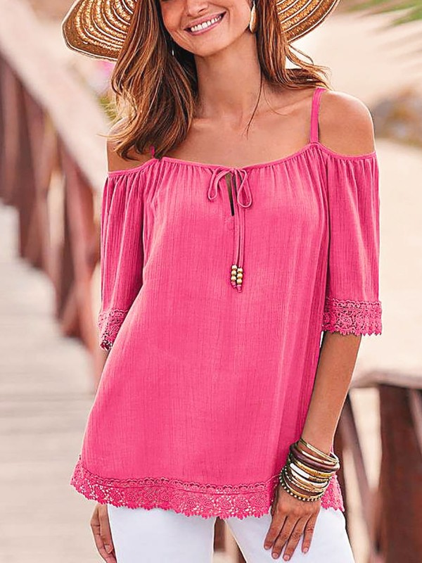 Crochet Trim Tie Neck Cold Shoulder Blouse