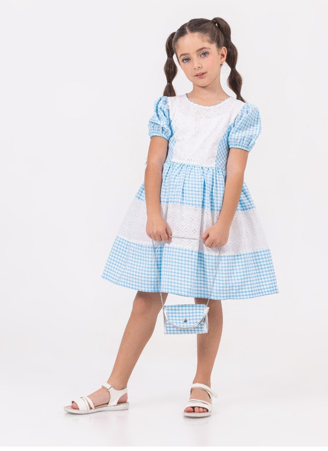 Girls Gingham Check Spanish Cotton Dress With Purse (2-9Y)