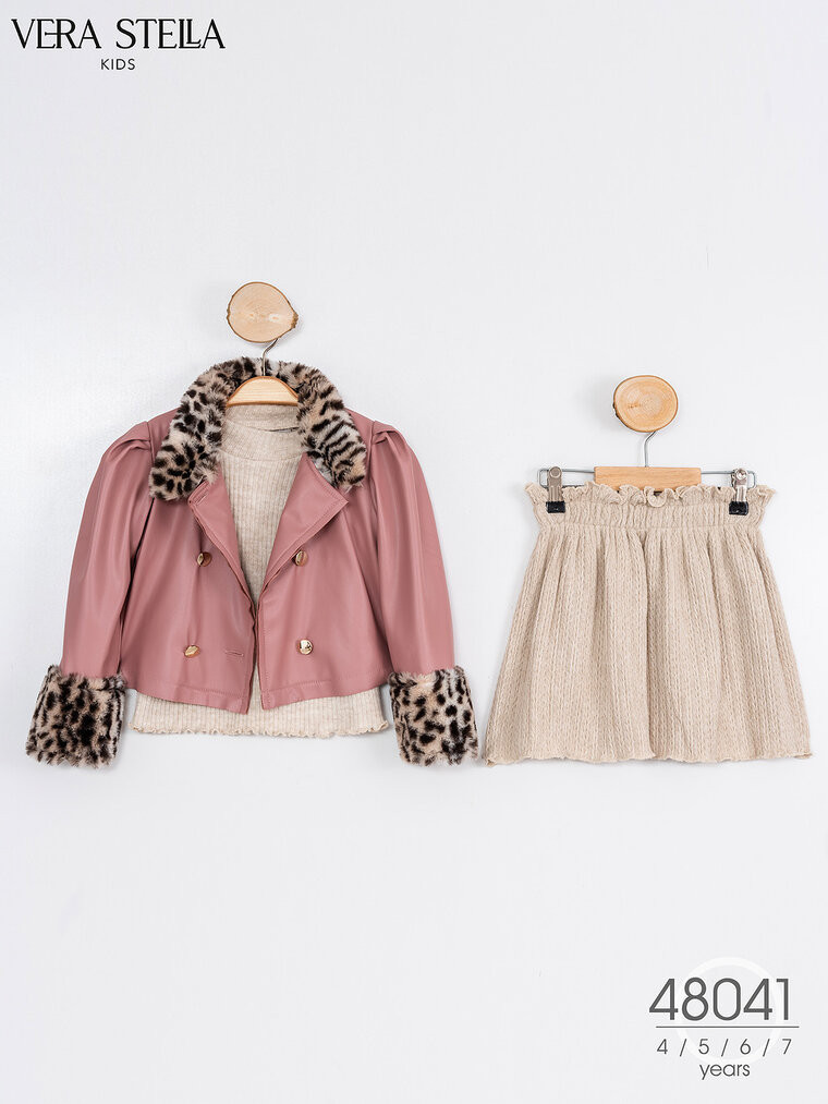 Girls Three Piece Knitted Jumper, Skirt & Faux Leather Jacket Set (4-7Y)