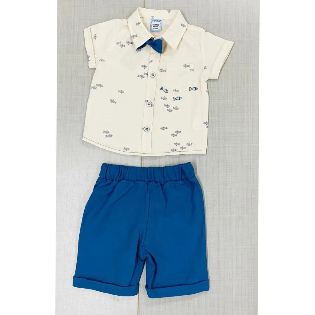 Baby Boys Embroidered Fish Print Shirt & Chino Shorts Set with Bow Tie (6-24M)