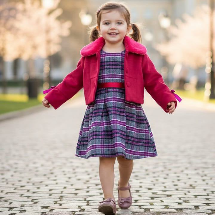 Girls Two Piece Woolly Jacket & Tartan Dress Set (2-6Y)