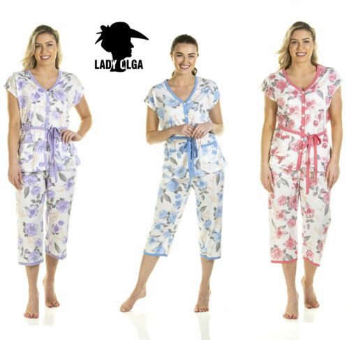 Ladies Roses Floral Jersey Cropped Leg Pyjamas by Lady Olga