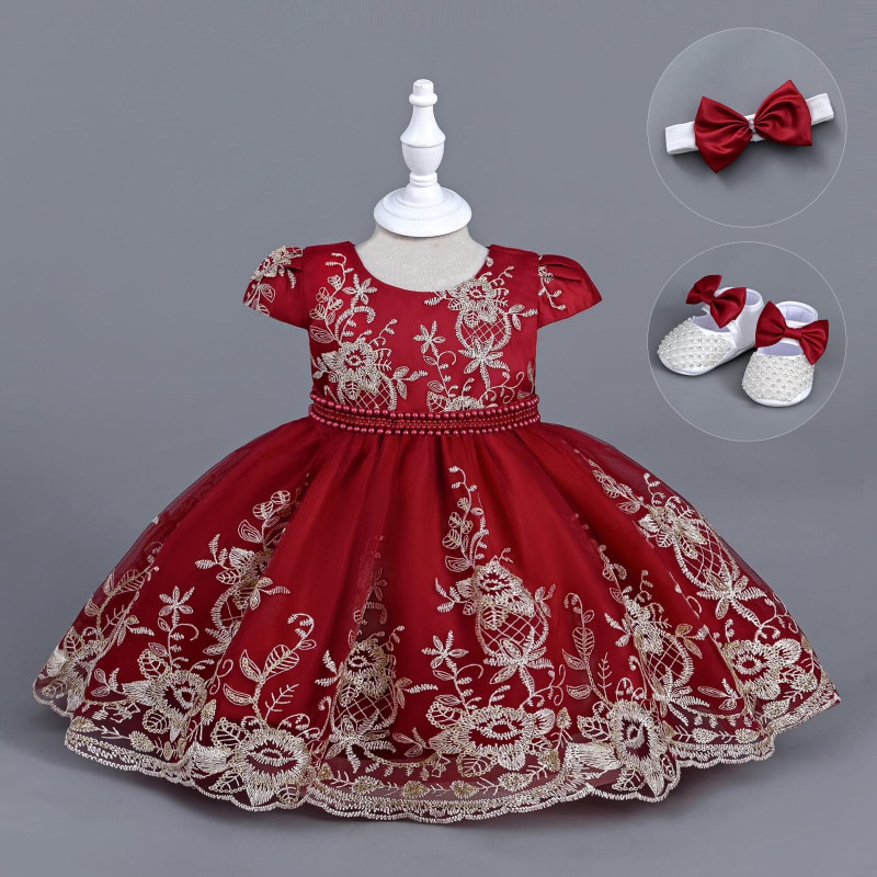 Baby Girls Glitter Embroidered Sequin Party Dress with Shoes and Headband (6-24M)