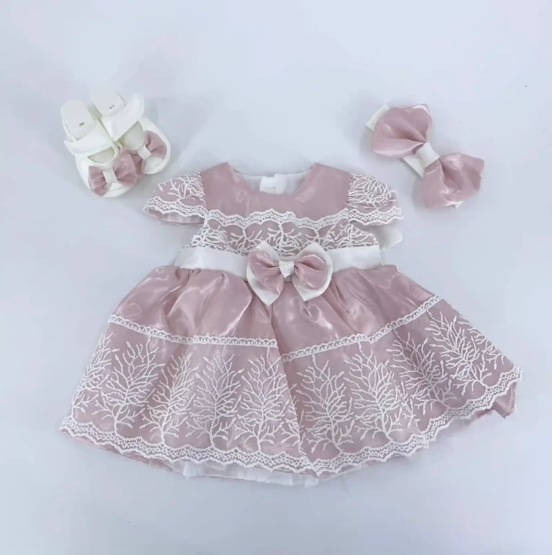 Baby Girls Embroidered Glitter Party Dress With Headband & Shoes (6-24M)