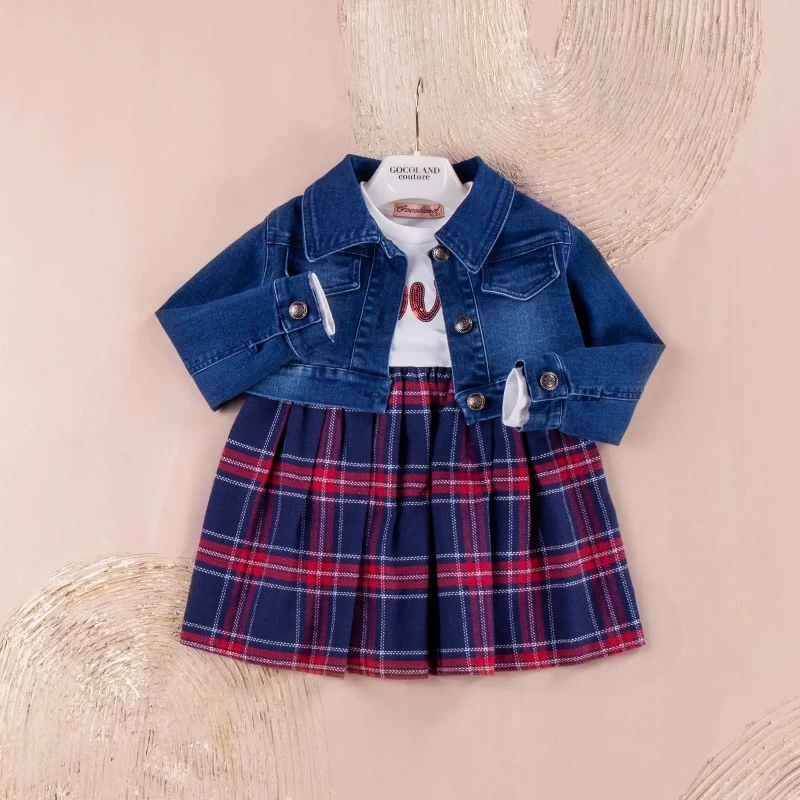 Girls Two Piece Tartan Sequin Dress & Denim Jacket Set (2-5Y)