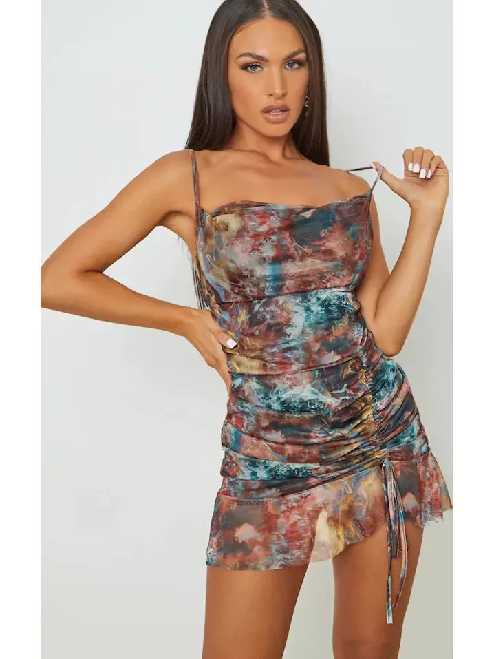 Multi Tie Dye Print Mesh Ruched Bodycon Dress
