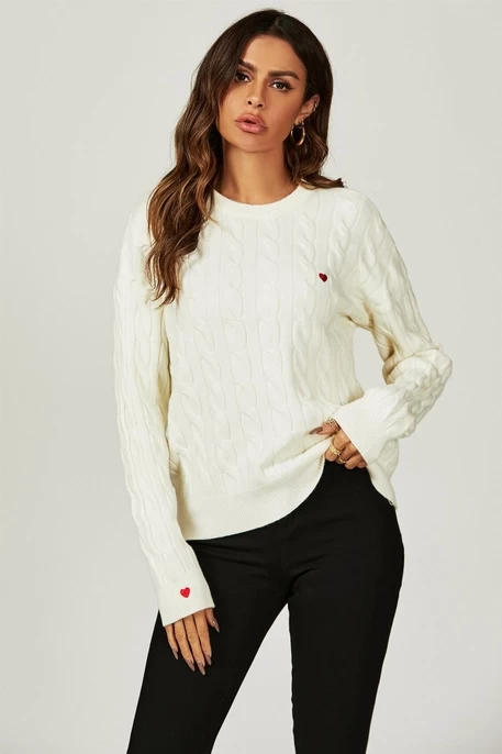 Heart Embroidery Jumper Top in Cream