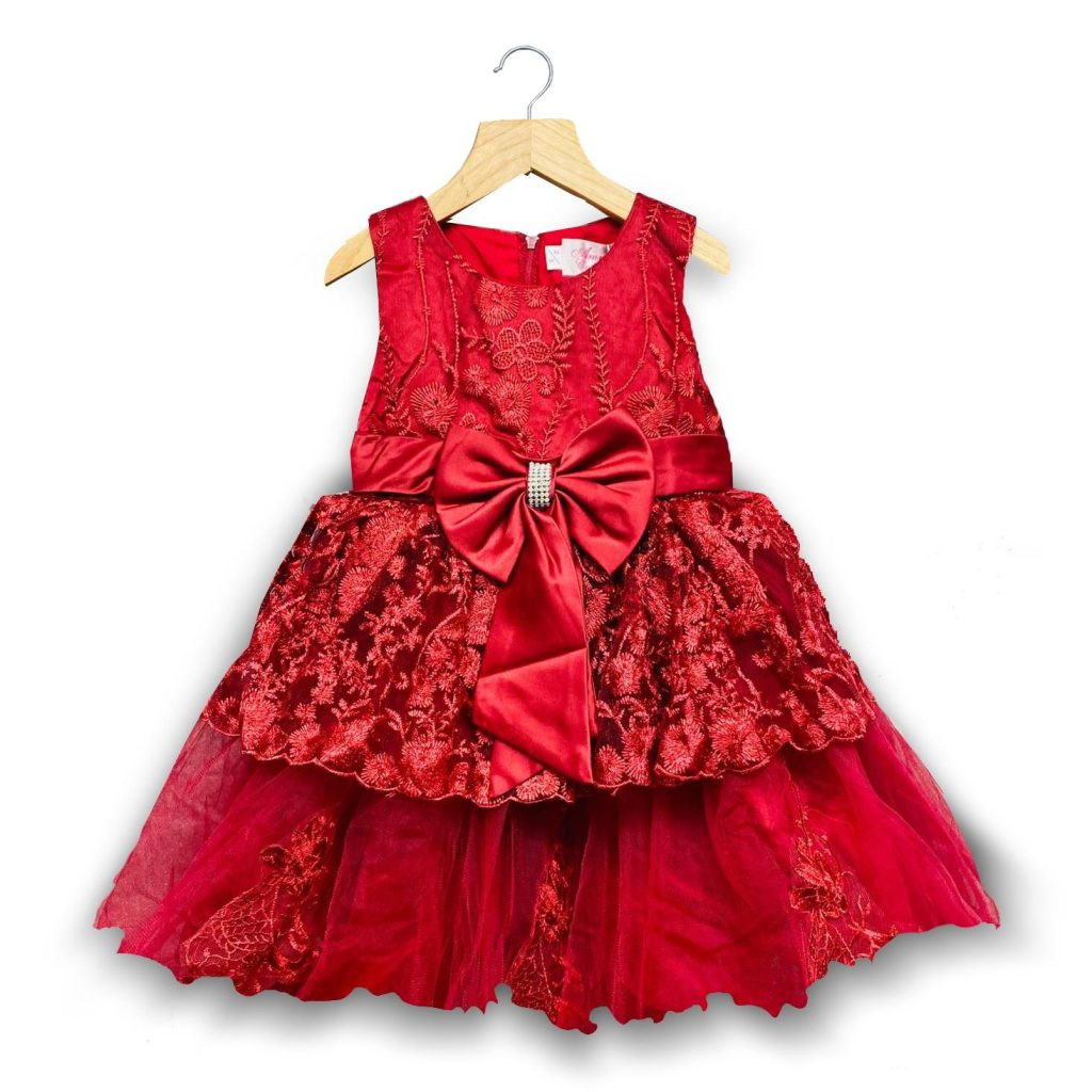 Girls Floral Embroidered Bow Party Dress (2-12Y) - RED