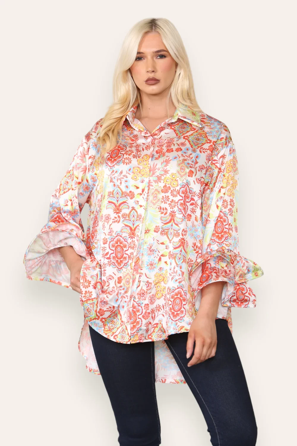 LILY PUFF SLEEVE PRINTED SATIN SHIRT
