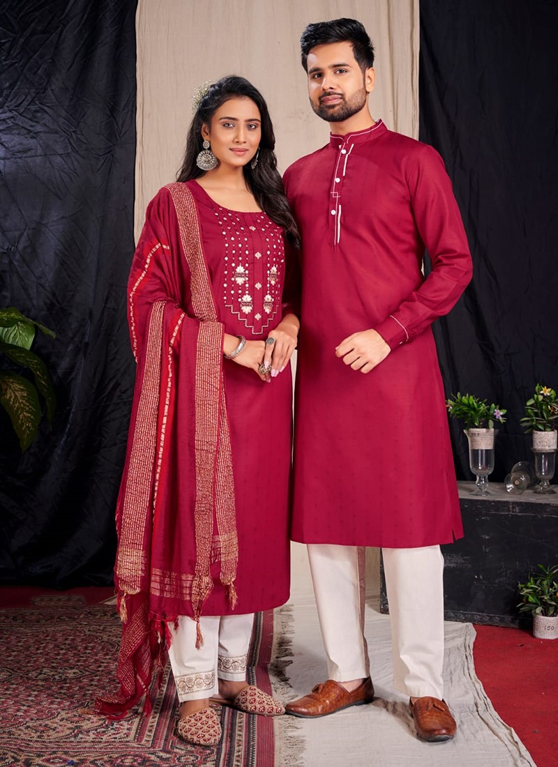 Traditional Wear Violet Embroidery Work Cotton Couple Kurta Pajama