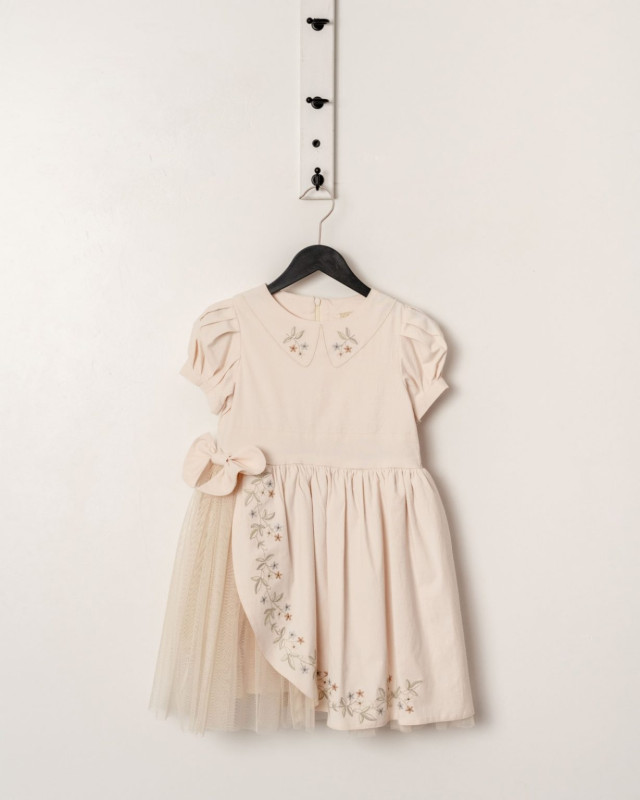 Girls Floral Embroidered Short Sleeve Bow Cotton Dress (4-7Y)