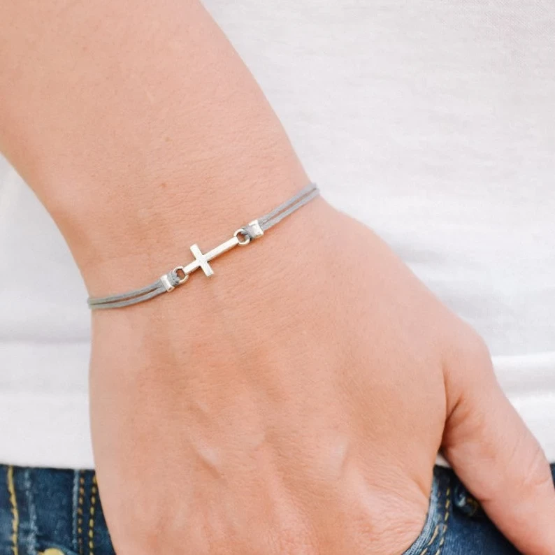 Cross bracelet, women bracelet with silver cross charm, christian catholic jewelry, gray cord