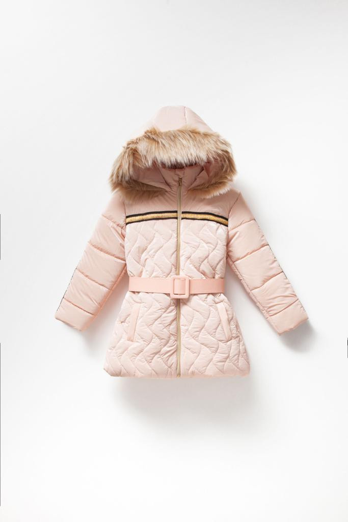 Girls Shiny Fur Trim Cross Stitch Belted Jacket (7-10Y)