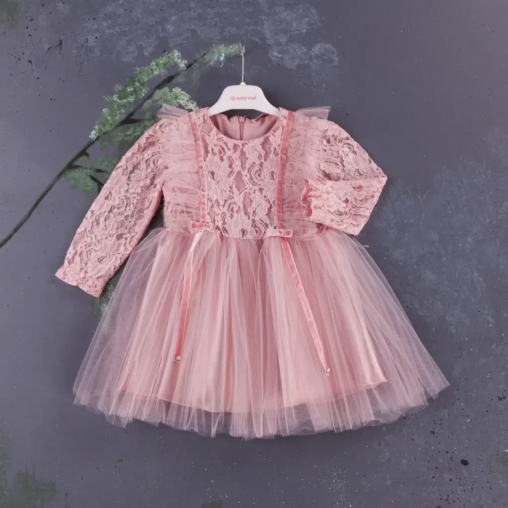 Girls Full Sleeve Frilly Bow Net Party Dress (1-4Y)