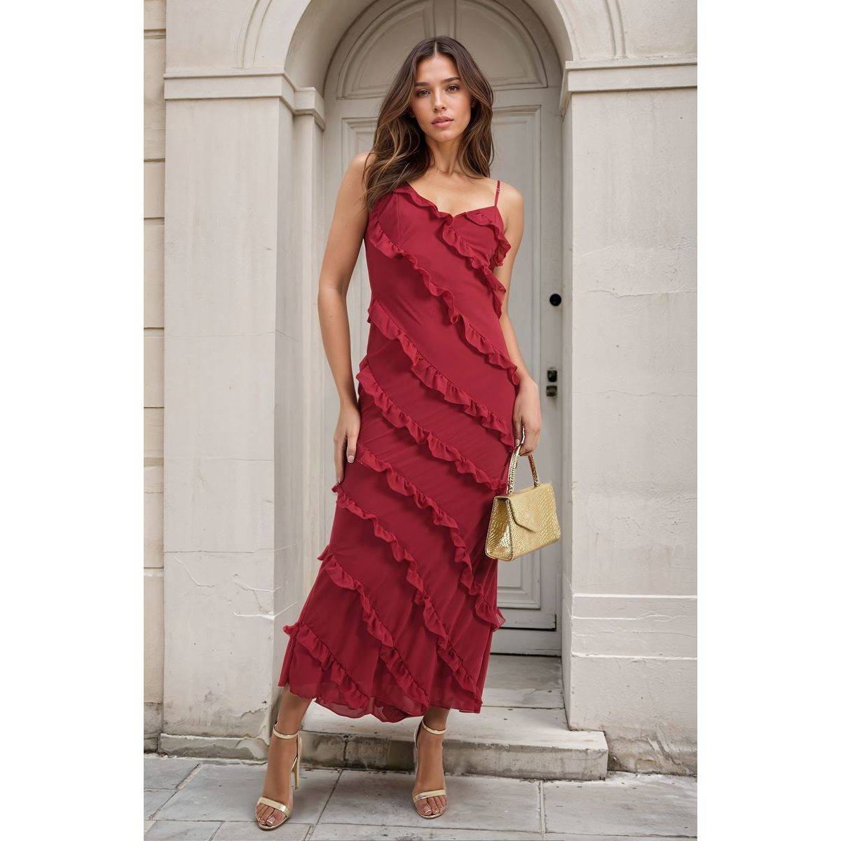 TIERED RUFFLE BACKLESS MAXI DRESS