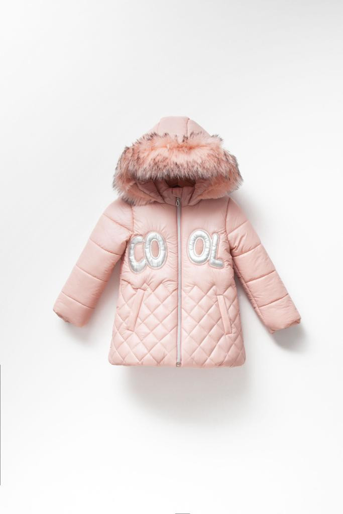 Girls Shiny “COOL” Embroidered Hooded Fur Trim Jacket (3-6Y)