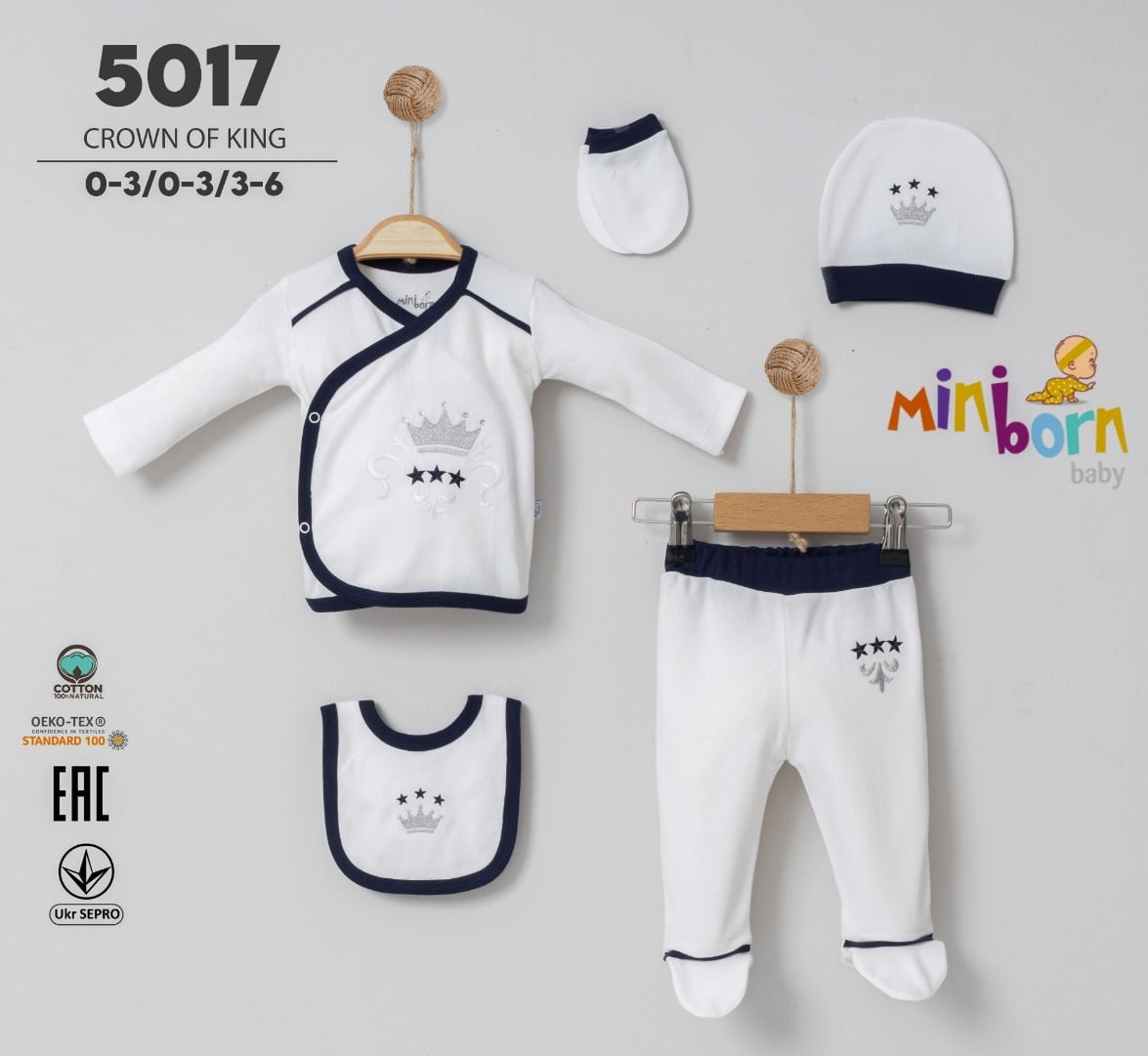 Baby Boys 5 Piece Embroidered Crown Set with Mittens, Hat & Bib (0-6M)