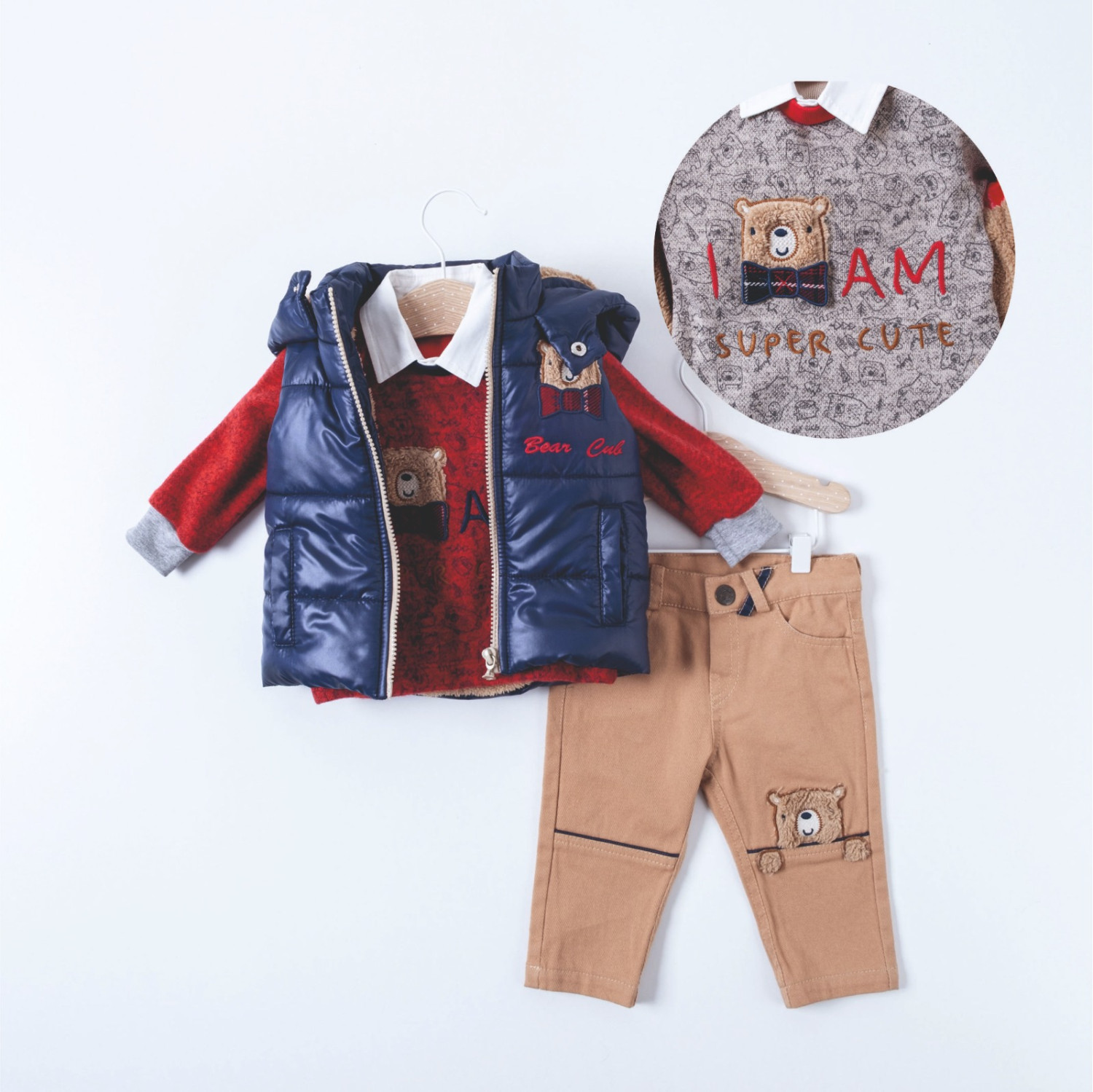 Baby Boys Four Piece Padded Gillet, Knitted Teddy Jumper & Chinos Set (6-18M)