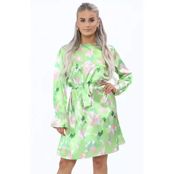 PRINTED BACK ZIP DETAIL DRESS WITH BELT