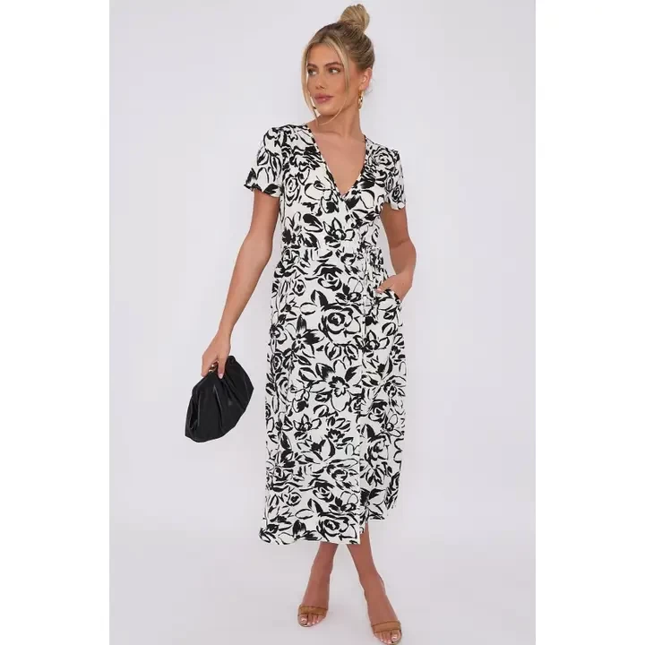 White Floral Print Wrapped Midi Dress