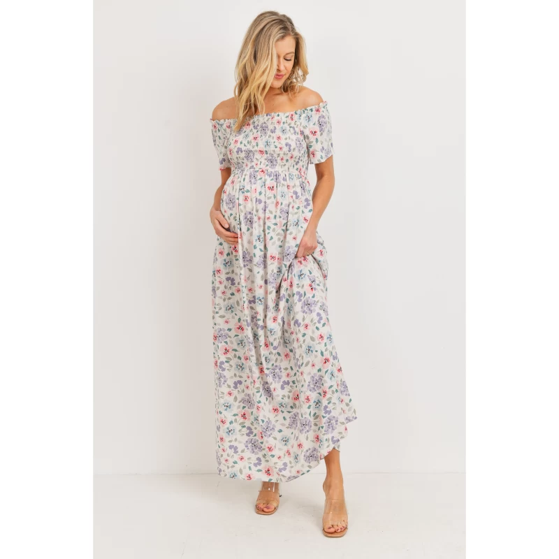 Floral Off-Shoulder Smocked Maxi Maternity Dress