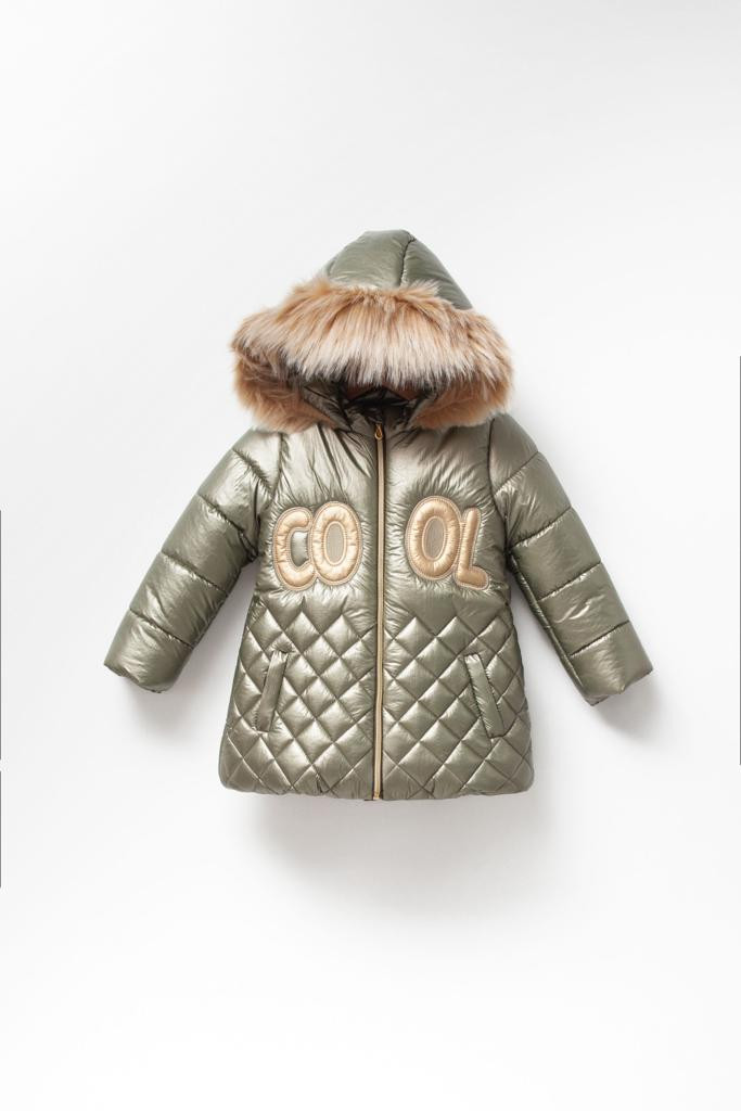 Girls Shiny “COOL” Embroidered Hooded Fur Trim Jacket
