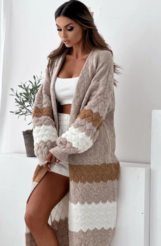 ALEXIS LONGLINE CONTRAST KNITTED CARDIGAN-BROWN