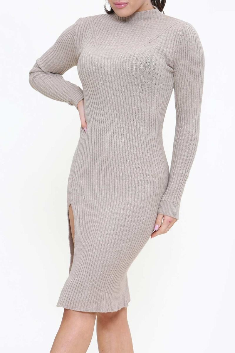 High Neck Ribbed Knit Midi Dress