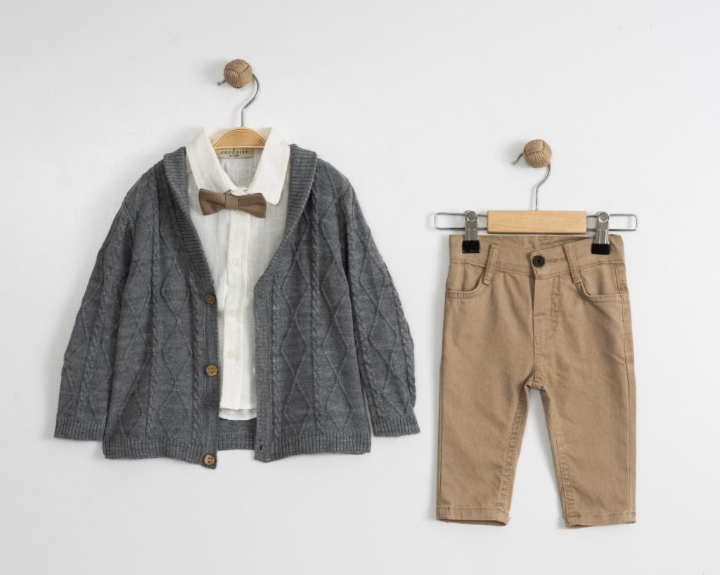Baby Boys Three Piece Cable Knit Cardigan, Shirt & Chinos Set with Bow Tie