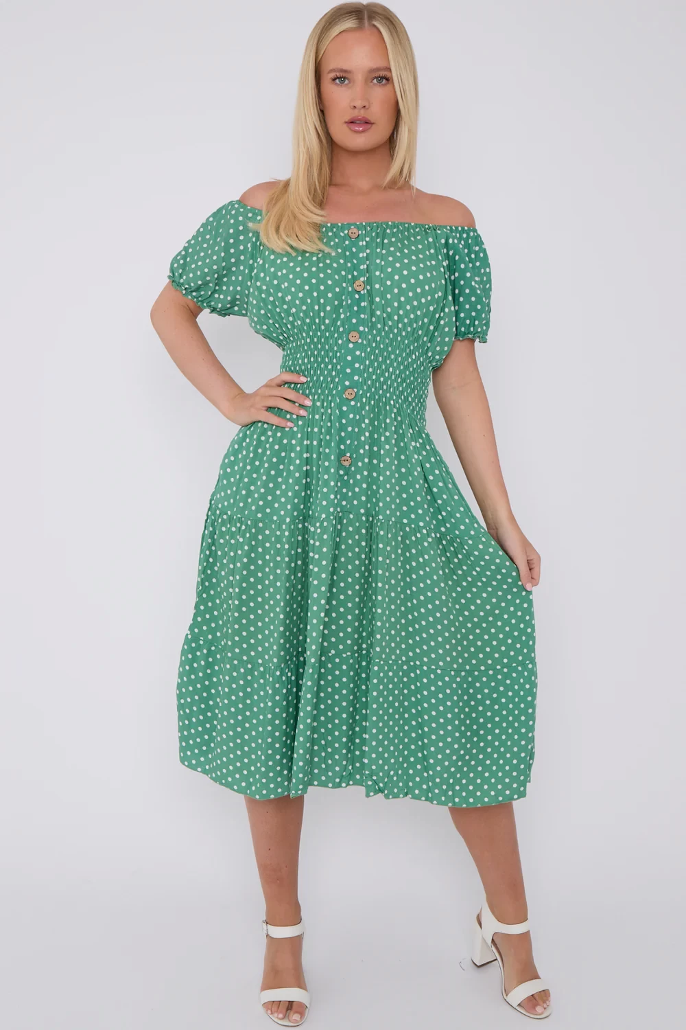 OFF SHOULDER BUTTON DETAIL DRESS - GREEN
