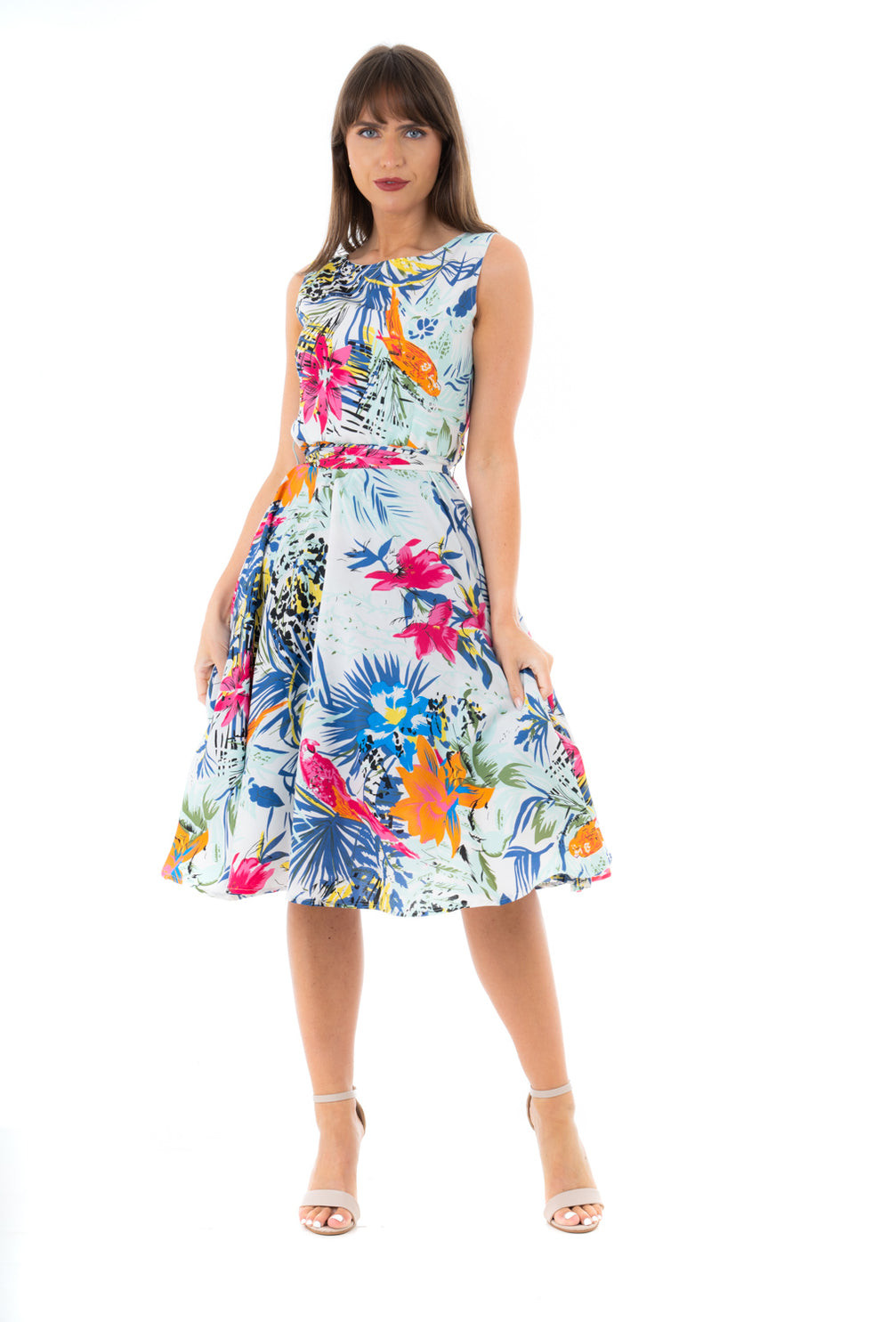 Retro Vintage Inspired Tropical Print Midi Dress