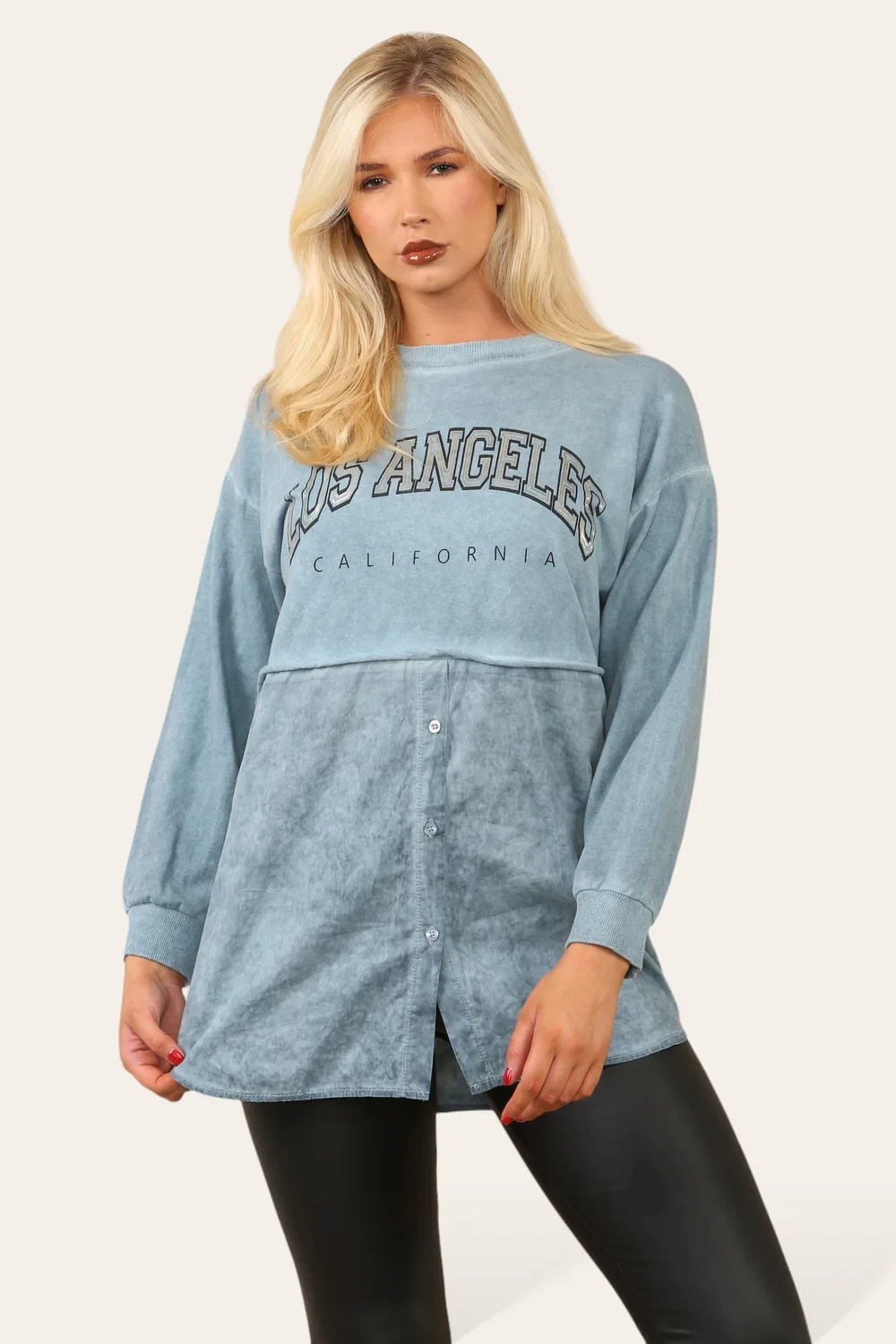 ACID WASH BUTTON DETAIL SLOGAN SHIRT JUMPER