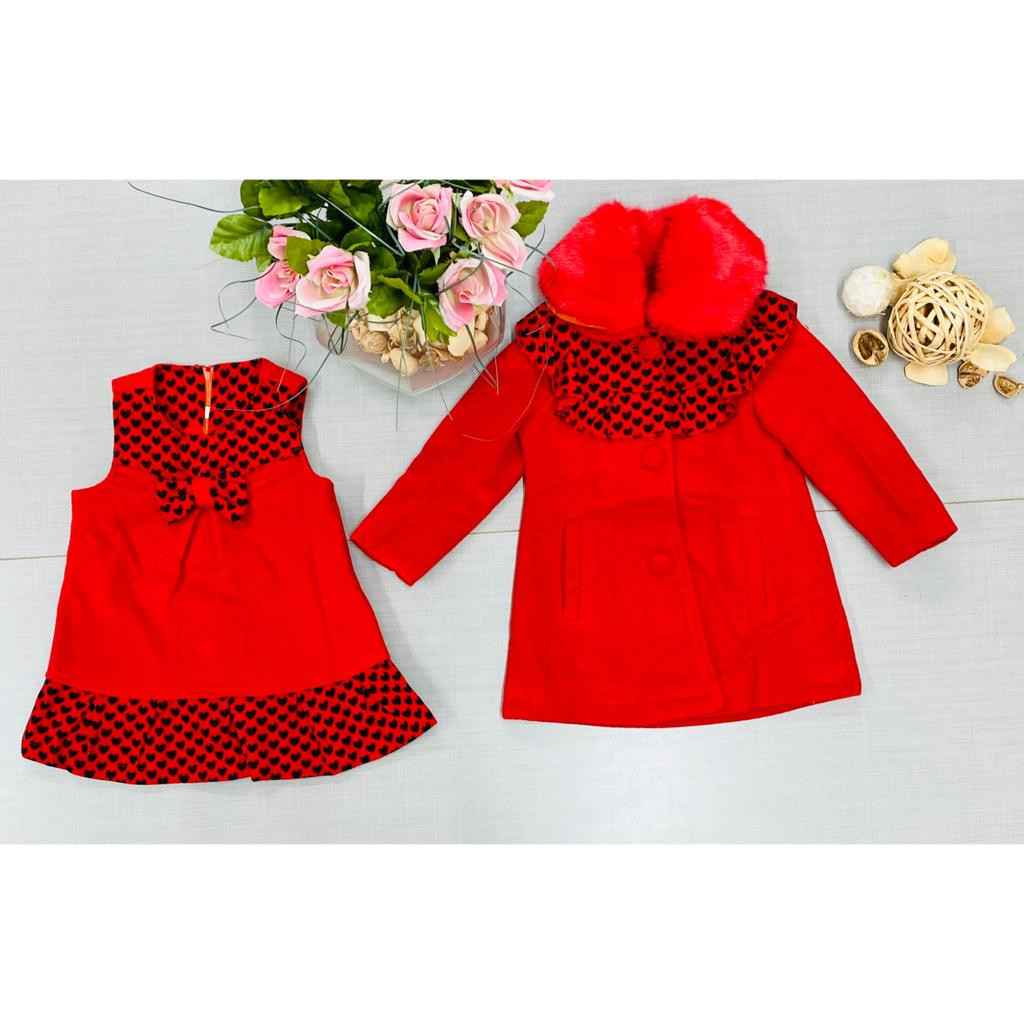 Girls Two Piece Frilly Heart Print Wooly Coat & Dress Set (2-6Y)