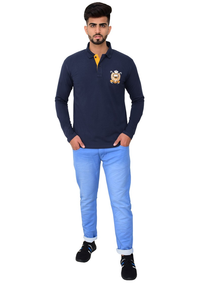 Cotton Blend Solid Men Collared Neck Full Sleeves Navy Blue T-Shirt