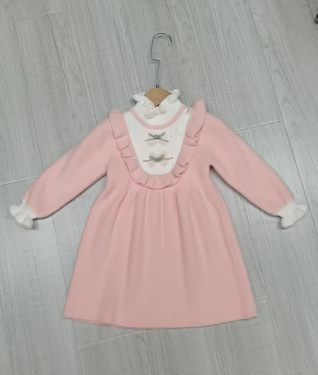 Girls Full Sleeve Knitted Double Bow Frilly Dress (3-7Y)