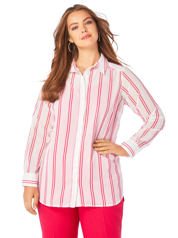 Roamans PINK Semi Sheer Striped Button Through Shirt