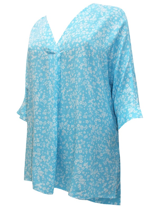 Fold Over V-Neckline Drop Back Tunic Top - Pale Blue Floral