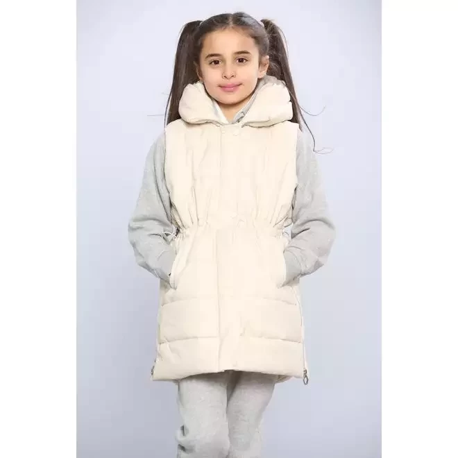 GIRLS BEIGE LONGLINE POCKET GILET
