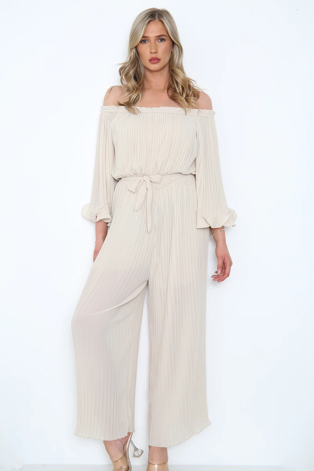 PLEATED OFF THE SHOULDER JUMPSUIT