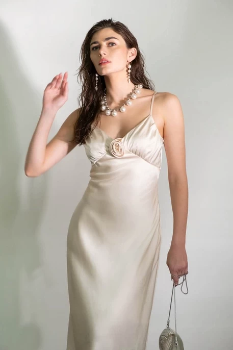 Satin Rosette Sleeveless Maxi Dress