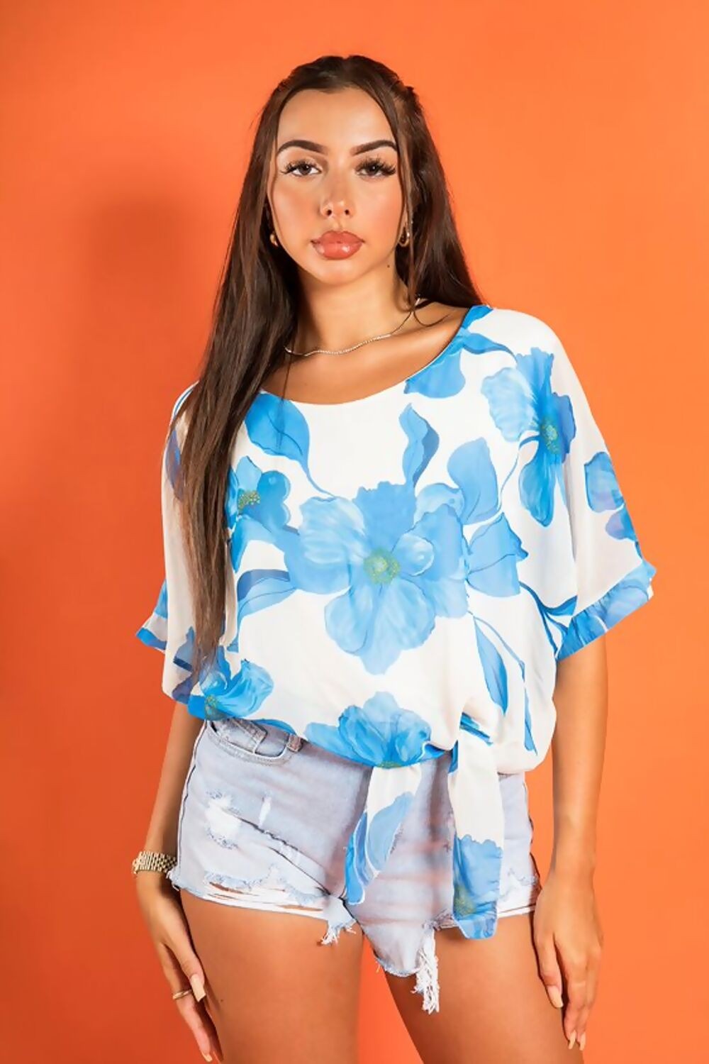 TIE FRONT FLORAL PRINT CHIFFON TOP