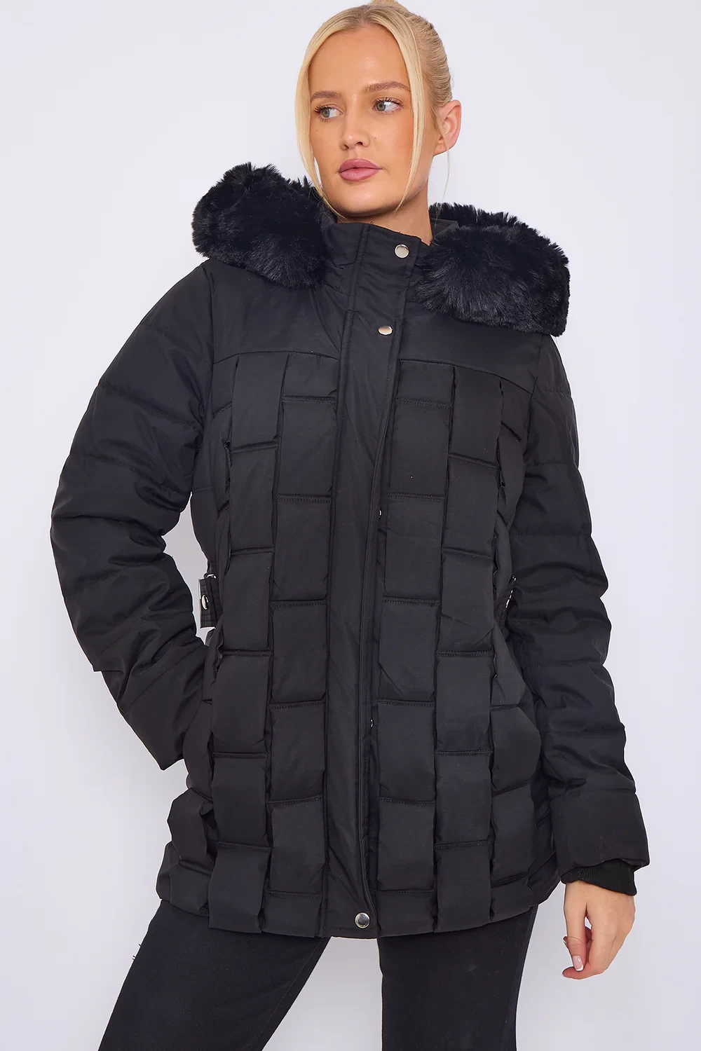 DIANA PATTERN PUFFA FUR COAT - BLACK