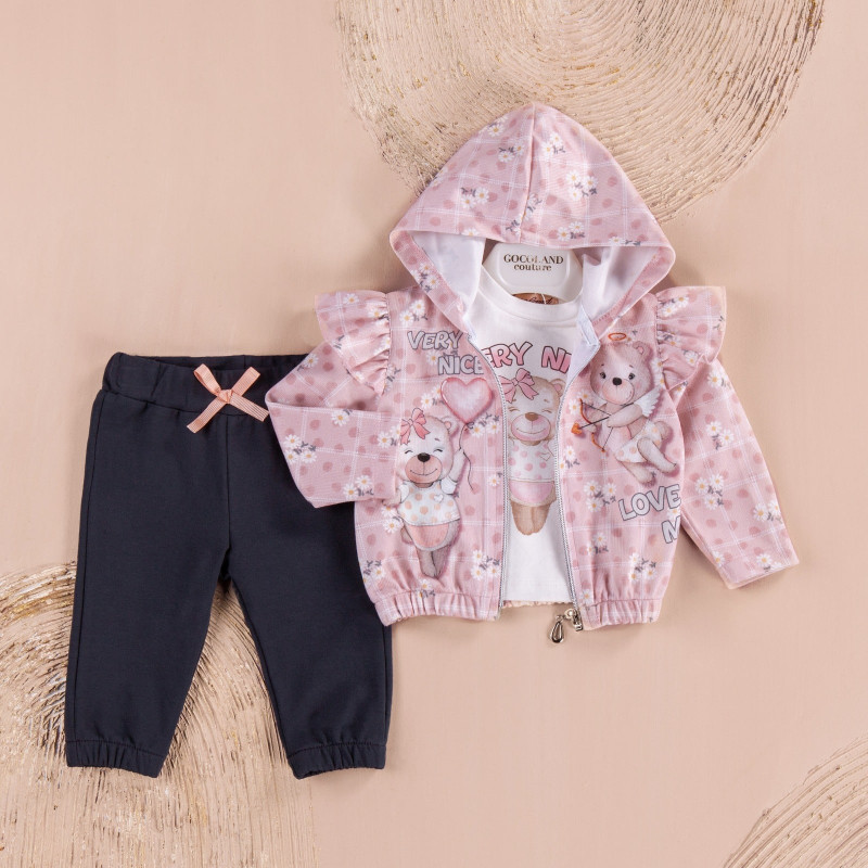 Baby Girls Three Piece Teddy Print Hooded Tracksuit (6-18M)