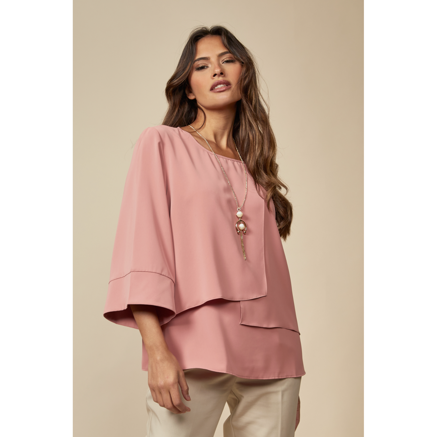 LAYERED TOP WITH 3/4 SLEEVES IN PINK WITH NECKLACE