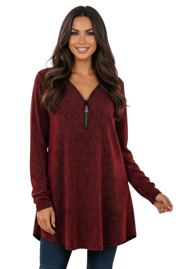 Metallic Knit Textured Round Hemline Top