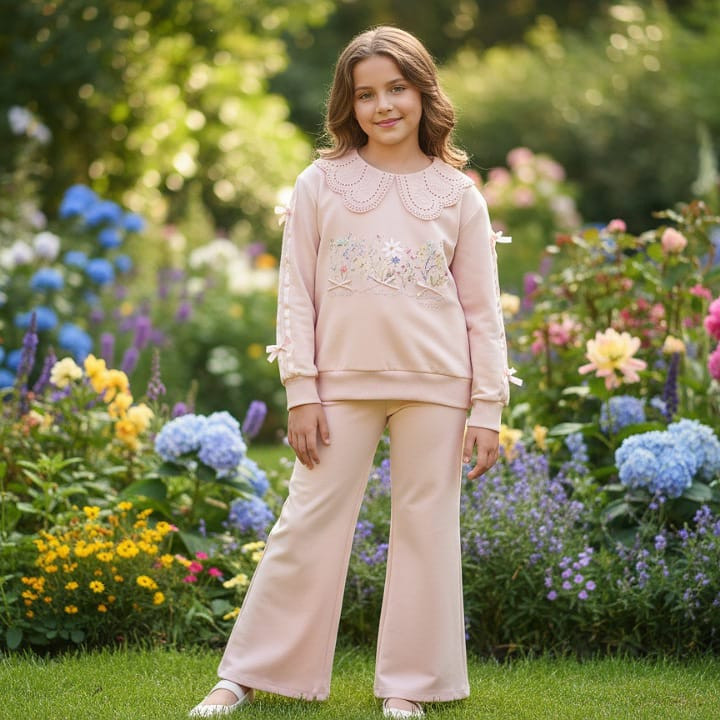 Girls Floral Diamante Bow Sleeve Lace Collar Lounge Wear Set (4-7Y)