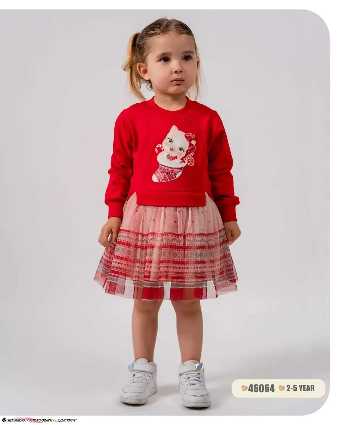 Girls Full Sleeve Kitty Diamante Printed Dress (2-5Y)