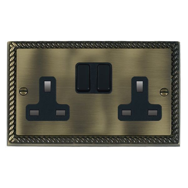 Hamilton Cheriton Georgian Antique Brass 2 Gang 13A Switched Socket - Double Pole with Black Insert and Black Switches