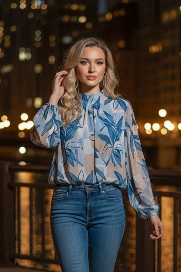 Abstract Botanical Leaf Print Elasticated Hemline Top